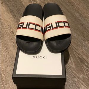 White, red, blue, Gucci slides!